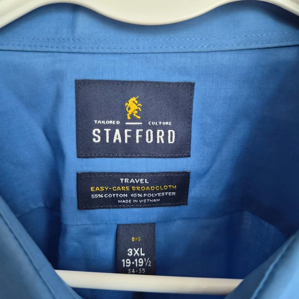 Stafford Mens Travel Easy Care Broadcloth Dress Shirt Blue 3XL Big 19-19.5 34-35